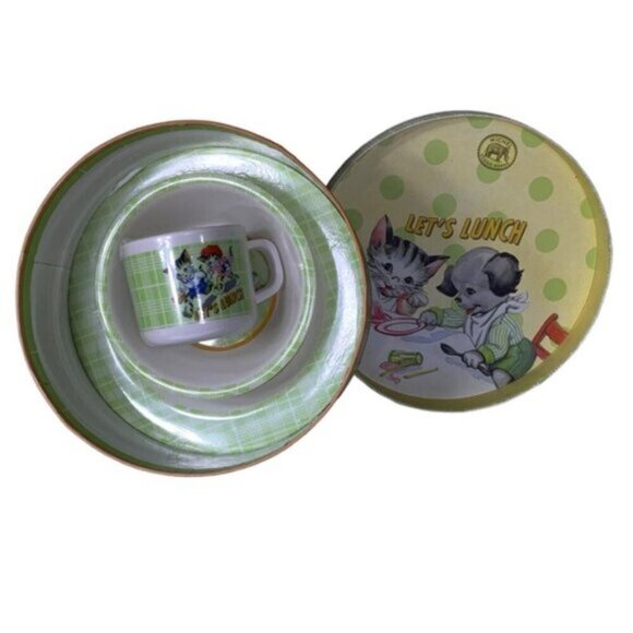 Michel Design Works Baby’s First Plate Set Feeding Boxed Plaid Set Green White - Picture 3 of 16